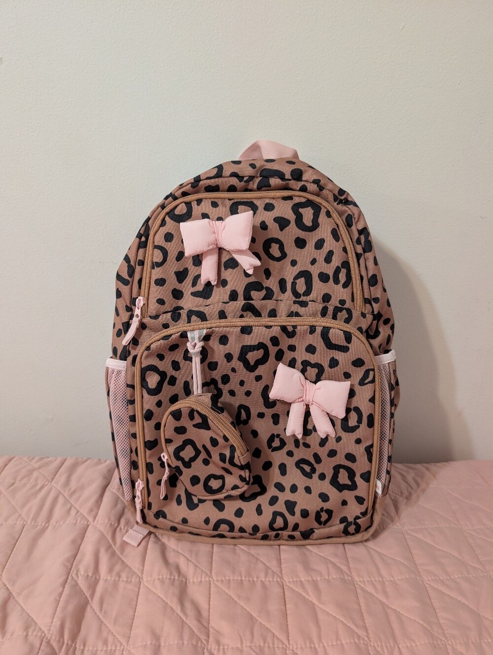 Cat & Jack Leopard Kids Backpack with Pink Bows
